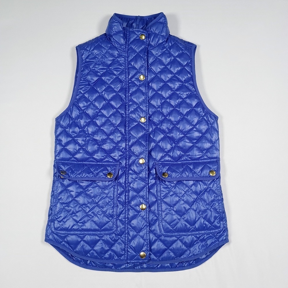 J Crew Royal Blue Gold Button Quilted Puffer Vest Zip Down Filled Shiny Xxs